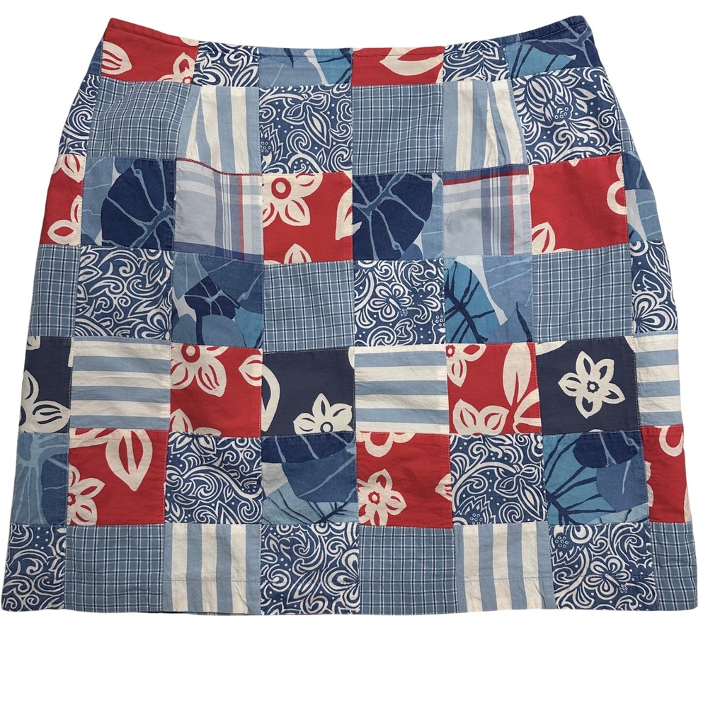 Boston Proper Patchwork Skirt Red Blue Floral Print Mini Casual Cotton Size 10 M